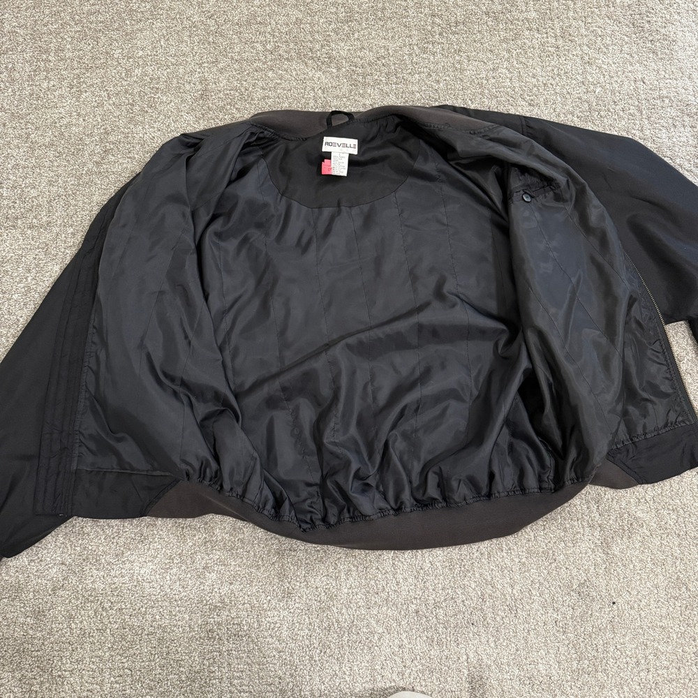 Vintage Black Silk Bomber Jacket Men's Large Zip Front Ribbed Cuffs Roevelle - Picture 12 of 12